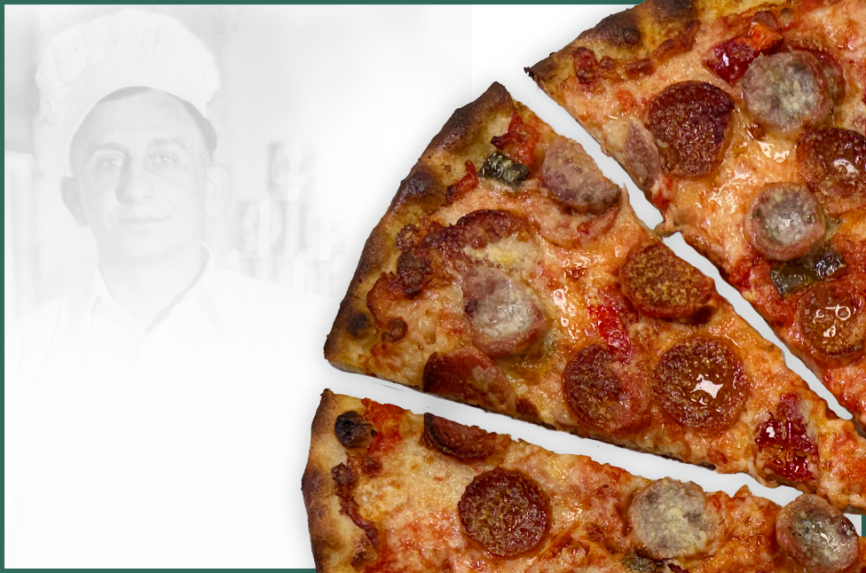 chef outside the store and pizzas