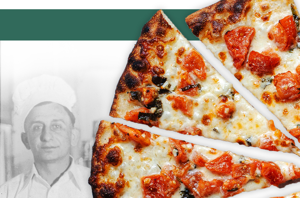 chef outside the store and pizzas